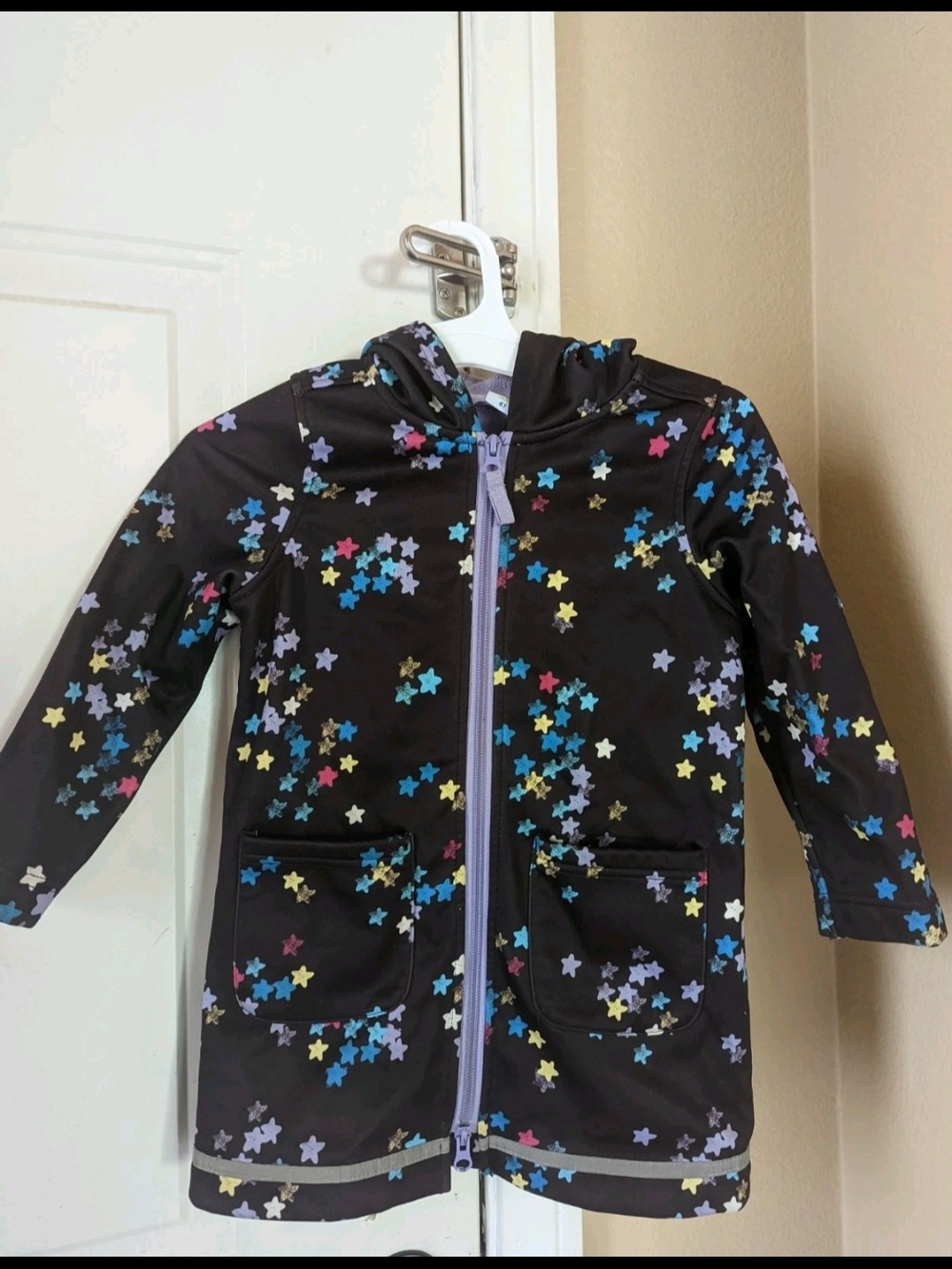 Kids' Star Print Hooded Raincoat - Dark Blue with Multi-Color Stars Lined Sz 4t